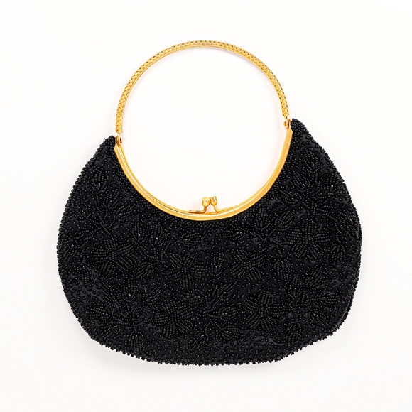 Vintage Goldco Beaded Purse Floral Design, black Beaded Evening Bag, Vtg Handbag - Picture 1 of 6